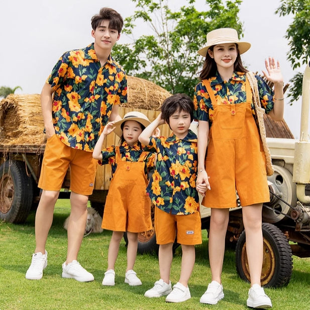 港风复古短袖花衬衫亲子装