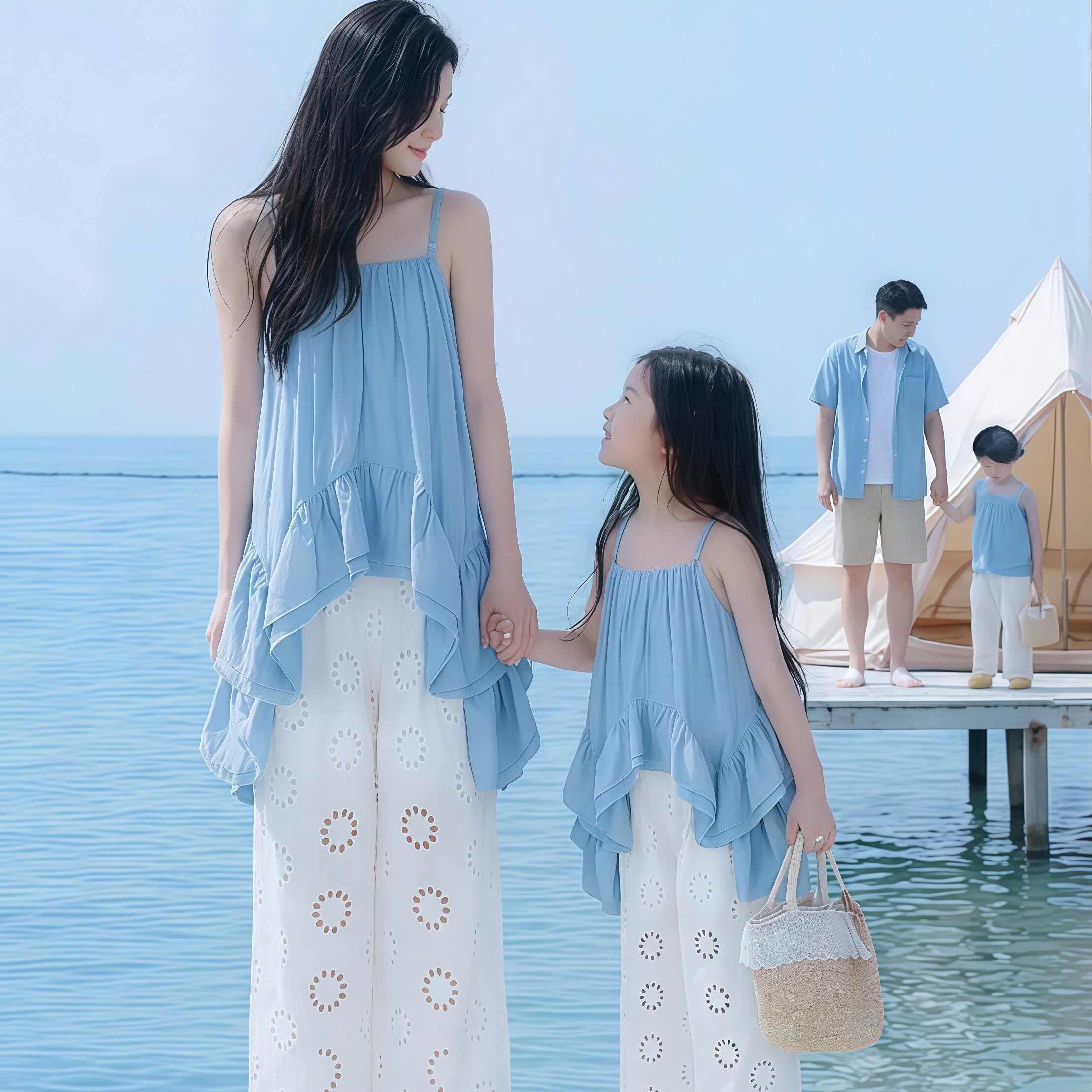 亲子装母女夏装海边度假套装蓝色吊带裙白色镂空阔腿裤草帽防晒遮