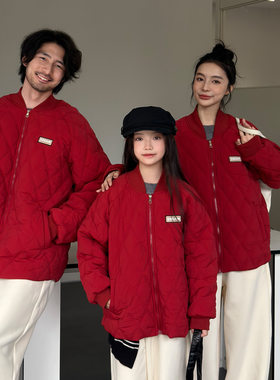 新年亲子装炸街过年红色棉服一家三口母女棒球夹克加厚外套家庭装