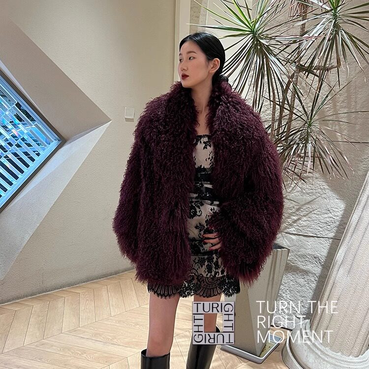 TURIGHT买手店24FW现货Markgong设计师品牌 酒红滩羊毛短款皮草