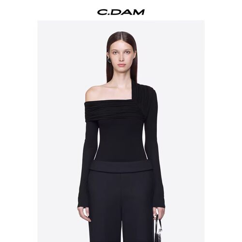 TURIGHT买手店26SS现货CHATS by CDAM 修身辣妹风斜肩褶皱长袖T恤