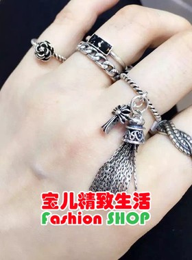 925银戒指尾戒十字架黑曜石