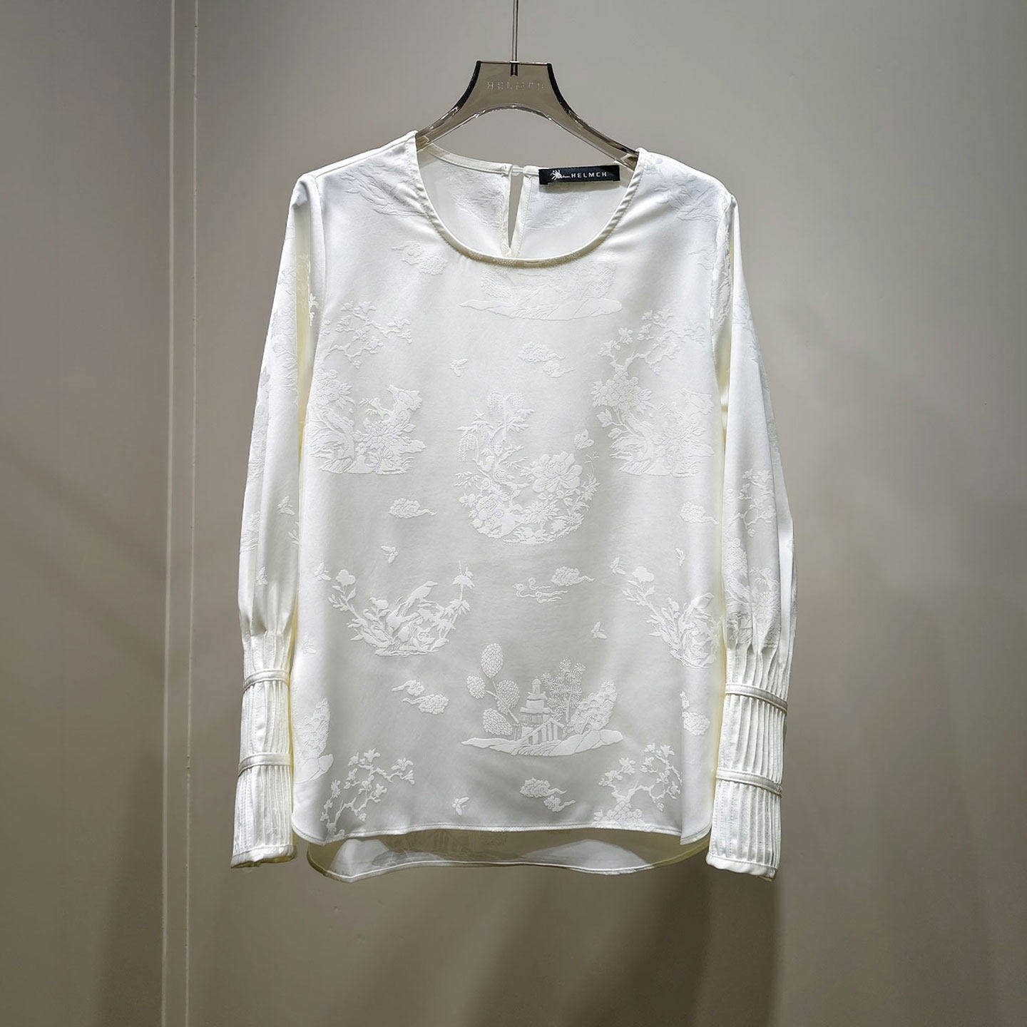 NKC.欧洲站小众HELMCH新中式百褶风琴袖提花上衣花缎面压褶衬衫女