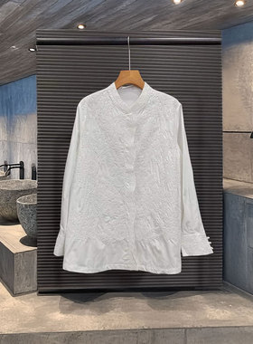 NKC.欧洲站小众英伦风翻领单排扣拼接蕾丝长袖上衣刺绣立领衬衫女