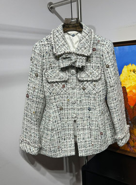 NKC.欧洲站小众法式花朵钉珠粗花呢上衣小香风千金感中长款外套女