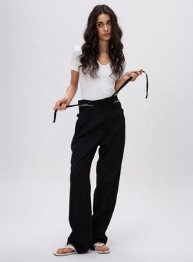 NKC.欧洲站小众FANLEONA英伦风甜辣U领短袖T恤双腰宽松长裤套装女