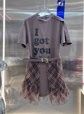 NKC.欧洲站小众BābyChìlling母印花网纱腰封格纹纱裙拼接连衣裙