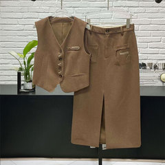 MRSSTETE小众v领气质通勤风刺绣口袋马夹轻熟百搭半身裙套装女