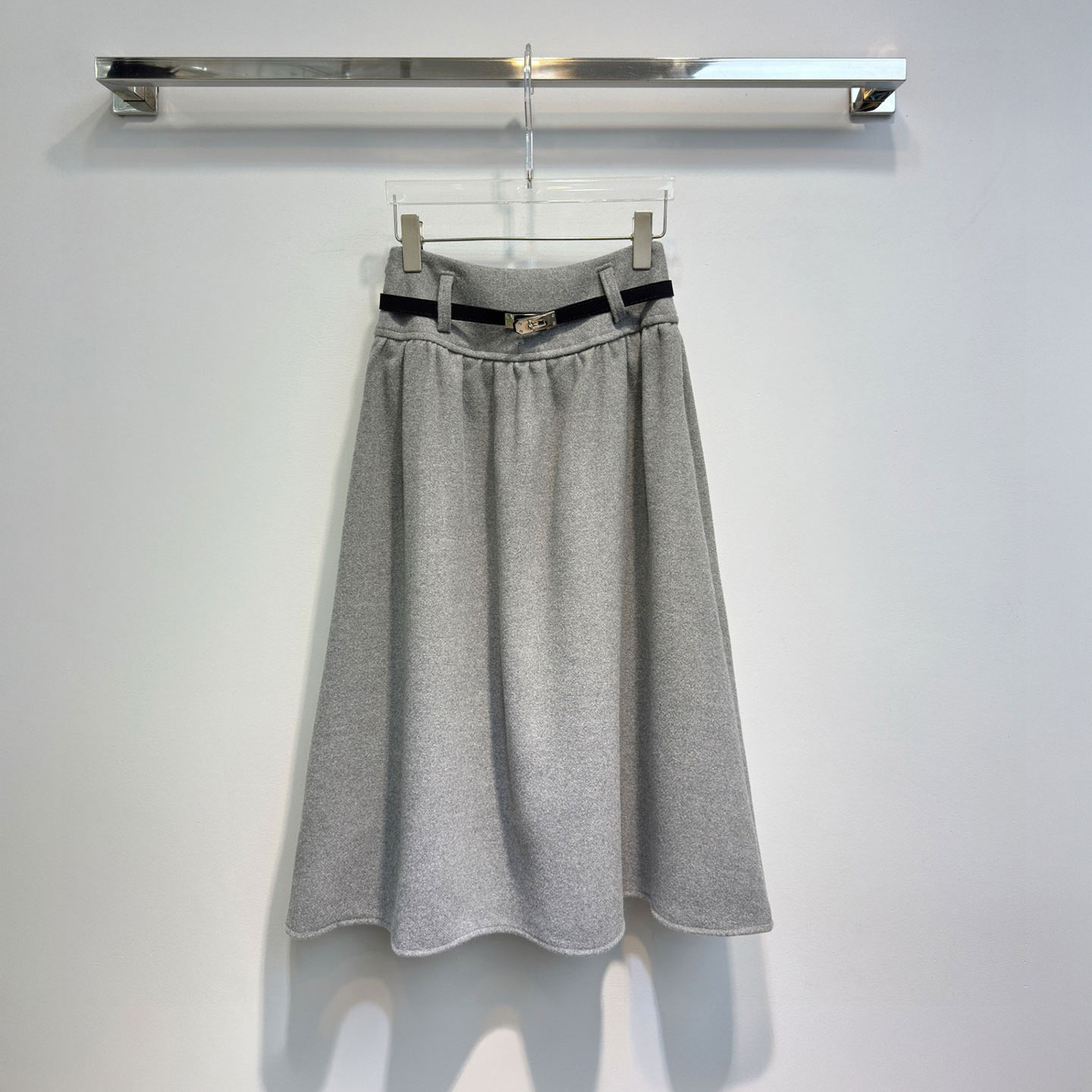 NKC.欧洲站小众深圳南油中长款垂感气质裙子配腰带羊毛呢料半身裙