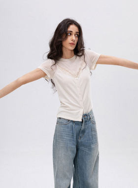 NKC.欧洲站小众FANLEONA圆领减龄短袖上衣百搭吊带叠穿拼接T恤女