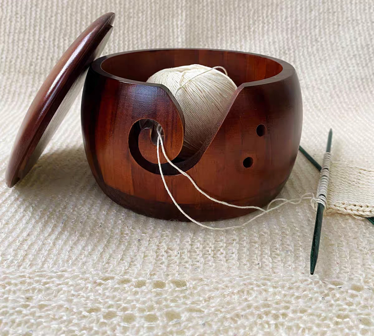 木制毛线碗 日式圆形毛线收纳木碗 手工木碗创意收纳碗木质抽线碗