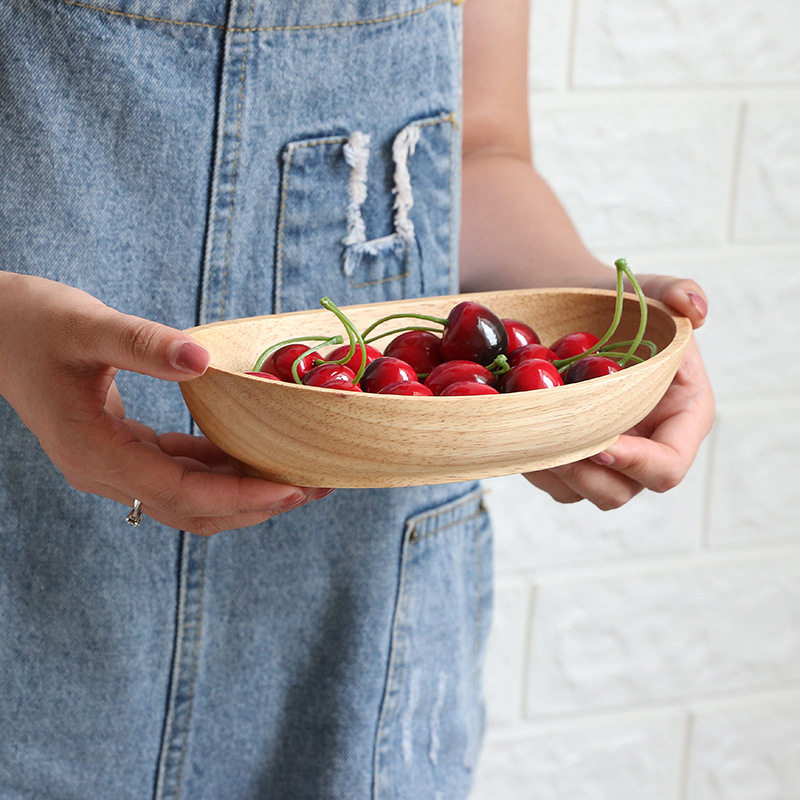 木质糖果碟 带底船型木碗大容量橡胶木点心糕点水果木碟干果盘