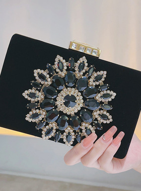 新款复古丝绒镶钻黑色 晚宴包 盒子包 宴会礼服 名媛女包 手拿包