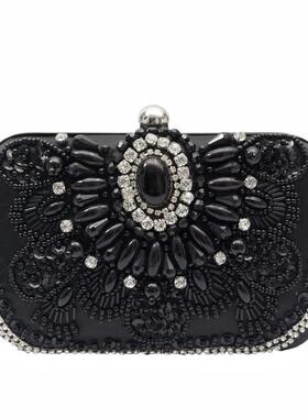 欧美重工 珠绣 手工钉珠宝石 镶钻晚宴包 名媛淑女包 黑色 手拿包