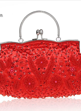 大红色手工串珠珠绣包 新娘礼金包 喜庆结婚包 晚宴包 复古旗袍包