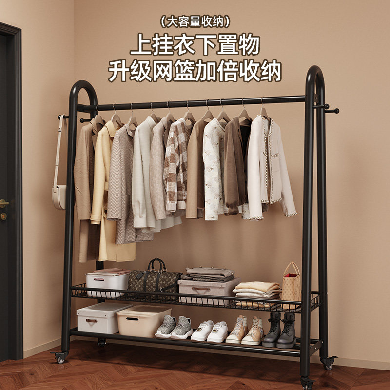 铁艺衣帽架带轮可移动落地卧室挂衣架房间家用加粗衣服挂架置物架