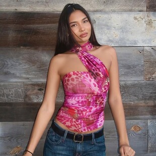 pinkbomb辣妹Y2K千禧不对称抹胸吊带背心上衣印花豹纹露背CHOKER