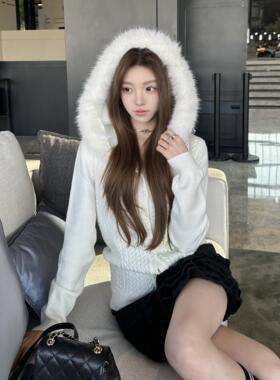 【甜系九尾狐】软糯连帽麻花毛衣女针织上衣开衫甜美韩系