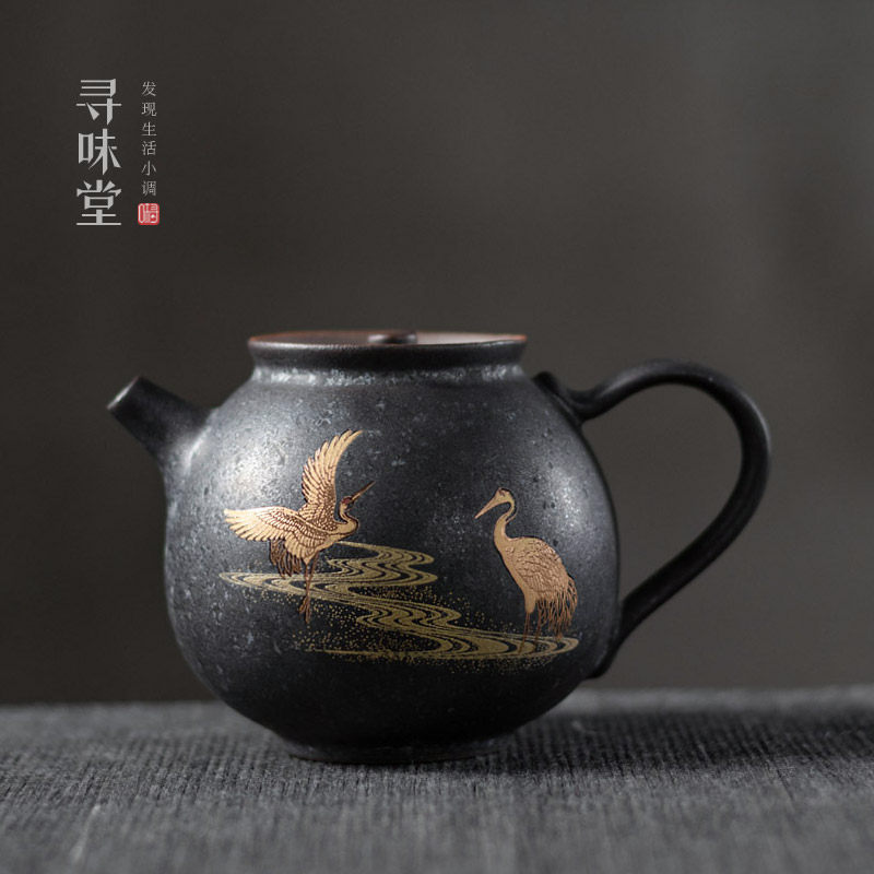 银斑黑陶 茶壶|金知玉叶粗陶小壶复古家用陶瓷功夫茶具瑞鹤呈祥