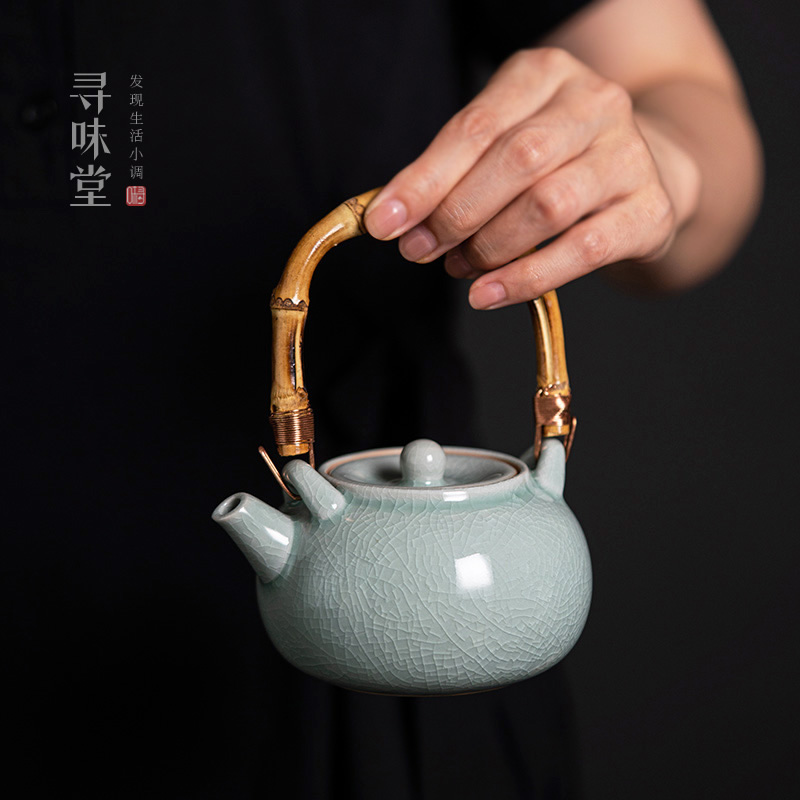 粉青汝窑提梁壶开片汝瓷茶壶