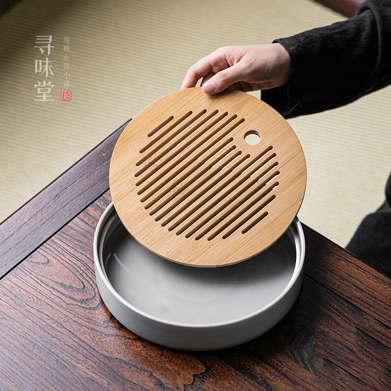 冰灰釉竹面圆形茶盘|蓄水式素雅中式家用储水圆托盘陶瓷功夫茶具