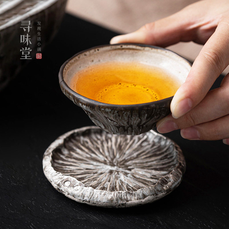 务灰禅意粗陶品茗杯 杯垫｜特色复古手工莲蓬杯银彩杯托功夫茶具,餐饮具,茶杯,淘宝优惠券,粉丝福利购,淘宝优惠卷
