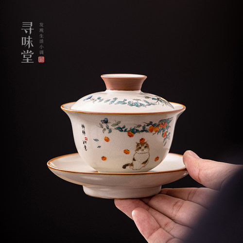 汝窑猫咪梅花三才盖碗开片汝瓷