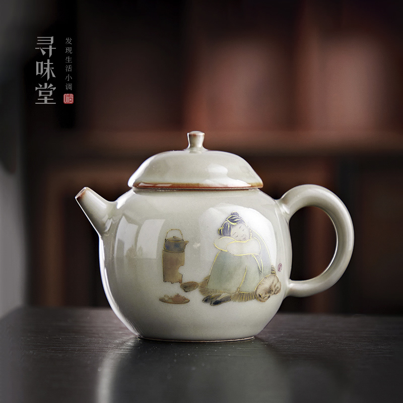 特惠清仓 青玉汝窑描金小茶壶 高档复古单壶国画中式陶瓷功夫茶具