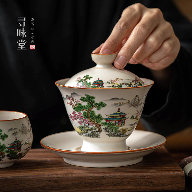 白玉汝窑三才盖碗｜国画山水大号茶碗复古风开片中式陶瓷功夫茶具