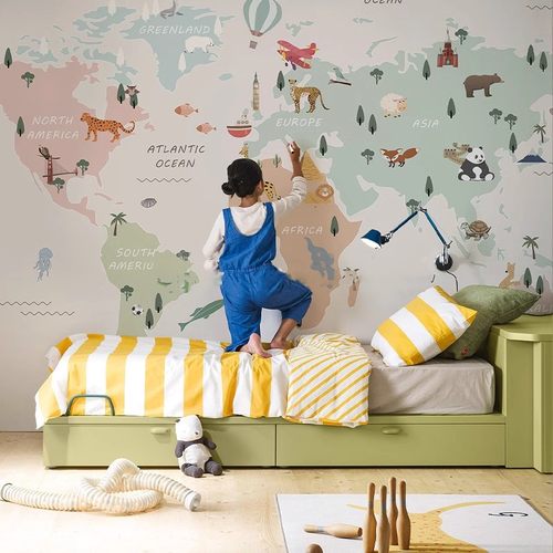 卡通世界地图儿童房墙纸沙发背景墙壁画北欧卧室客厅壁纸定制墙布