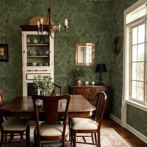 复古绿色碎花墙布中古风民宿卧室咖啡馆餐厅墙纸法式美式花朵壁纸