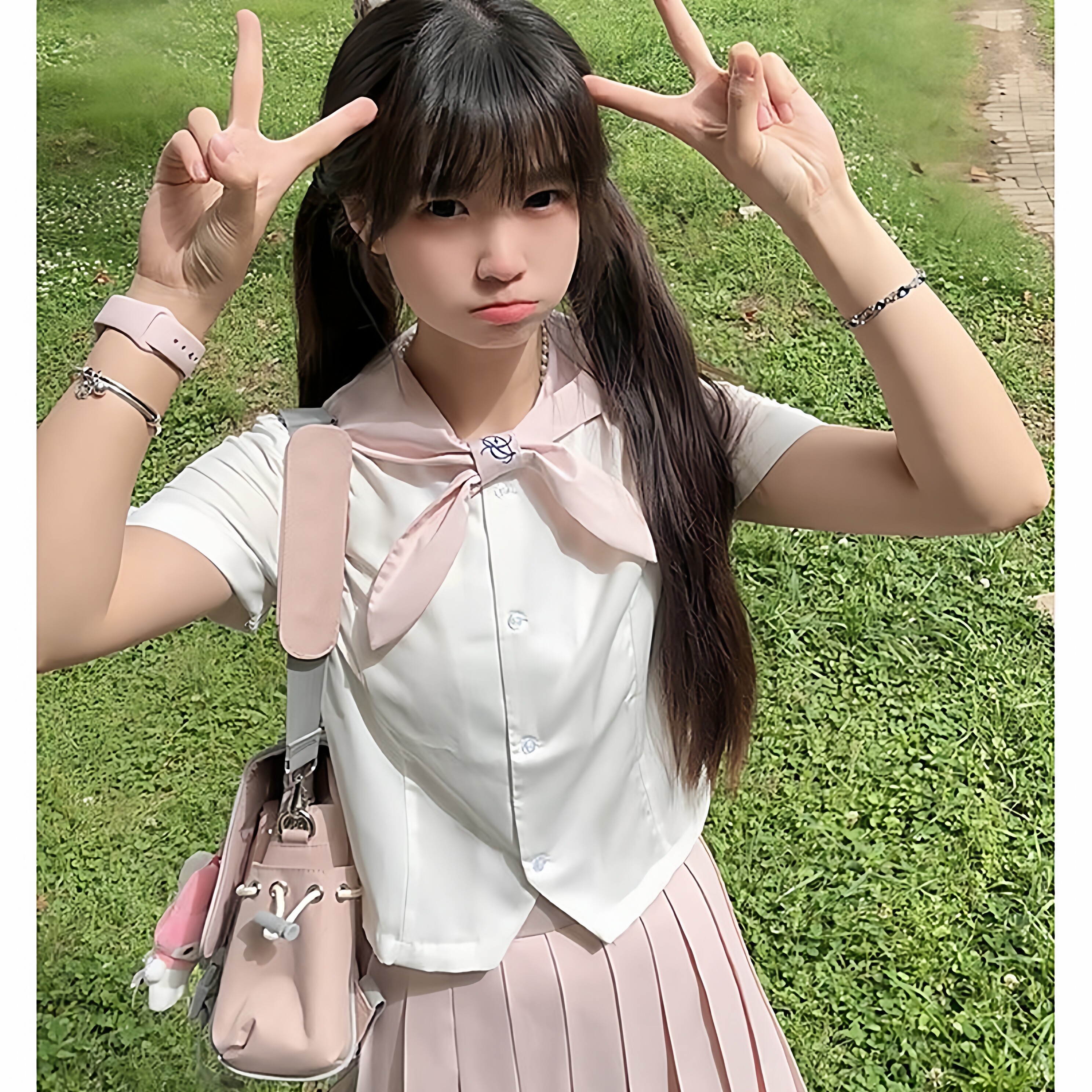 甜美学院风原创制服套装海军粉色jk兔耳朵短袖衬衫高腰格裙女