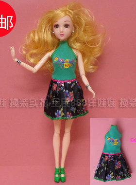 219洋娃娃过家家女孩30CM换衣服时装绿色印花无袖连衣裙
