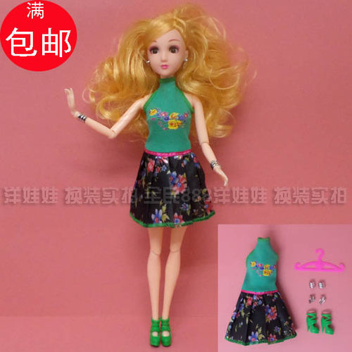 219洋娃娃过家家女孩30CM换衣服时装绿色印花无袖连衣裙