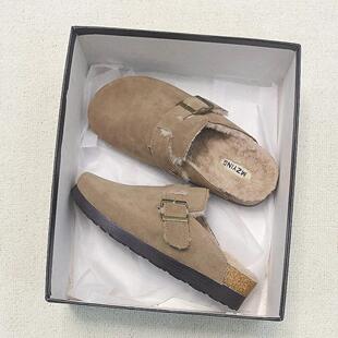 日系包头拖 保暖复古2024新款 毛毛勃肯鞋 厚底懒人一脚蹬加绒棉拖鞋