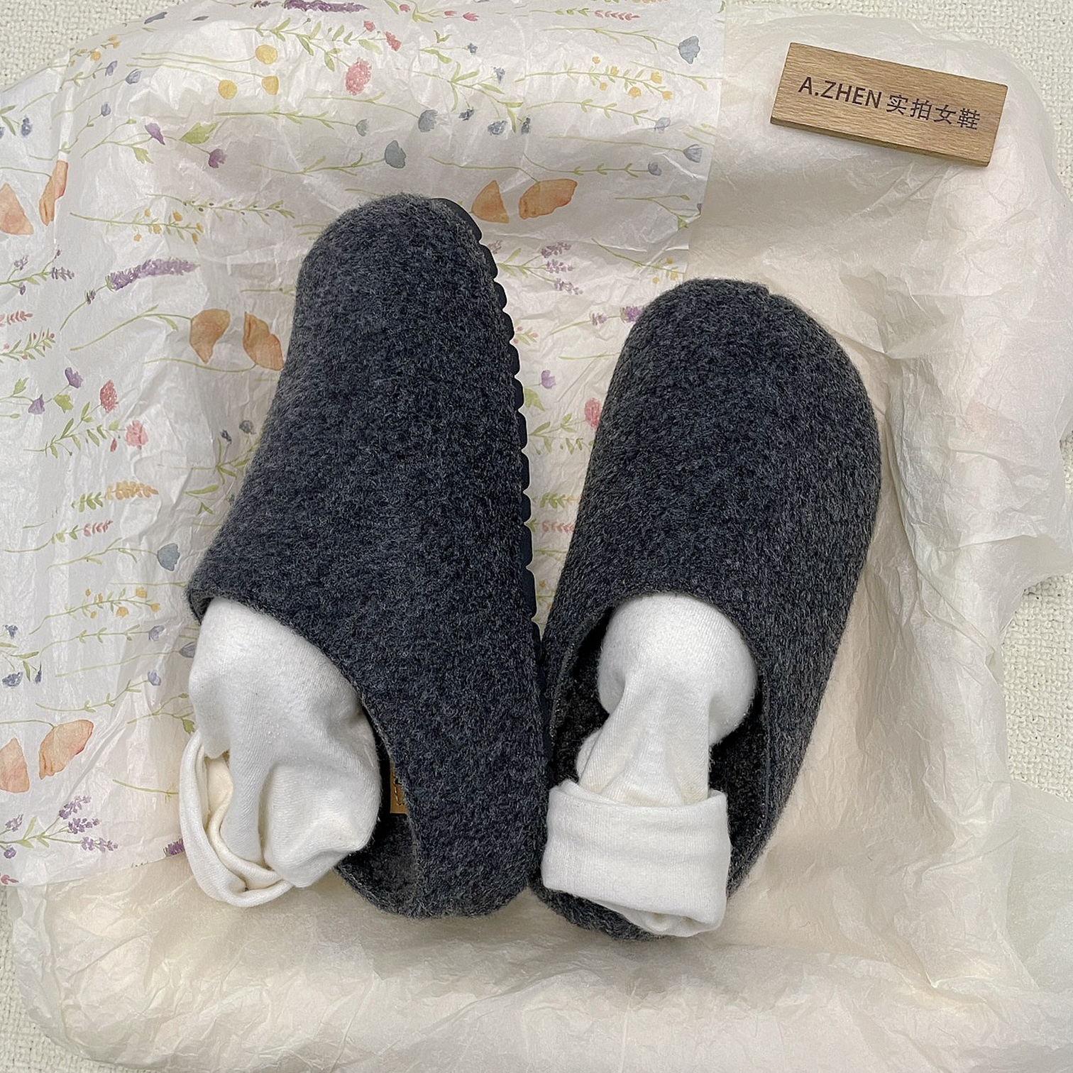 羊毛毡加绒一脚蹬包头毛毛拖鞋