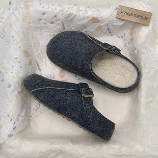 羊毛毡加绒勃肯棉鞋 内增高女复古懒人一脚蹬软底牛筋底防滑厚底