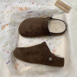 加绒勃肯棉鞋 两穿羊羔毛内增高 女一脚蹬软底防滑厚底懒人包头拖鞋