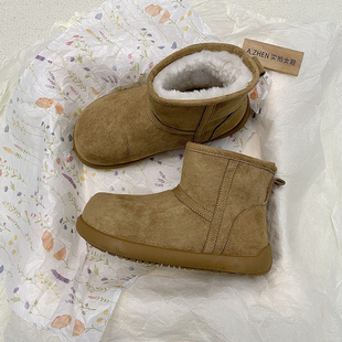 翻毛皮厚底小土豆雪地靴女冬季 套筒短筒 加绒保暖防滑短靴毛绒棉鞋