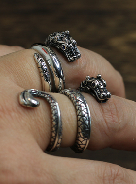 SAMTAO戒指S925纯银民族风复古盘龙环小众男女潮人个性镶嵌锆石