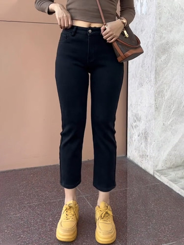 弹力直筒牛仔裤女大码胖妹妹mm