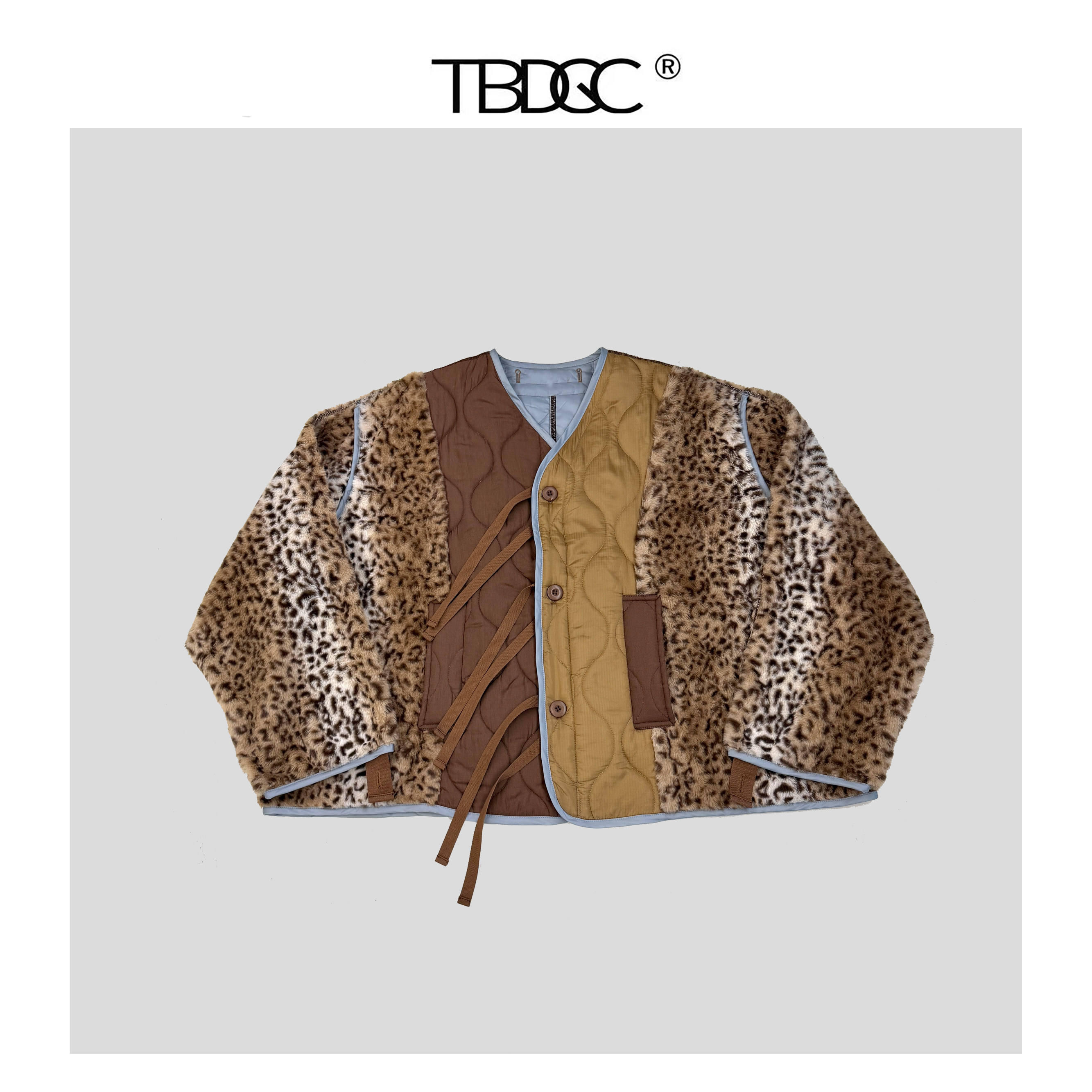 小众设计师系列豹纹拼接棉服女短款V领系扣撞色宽松棉外套