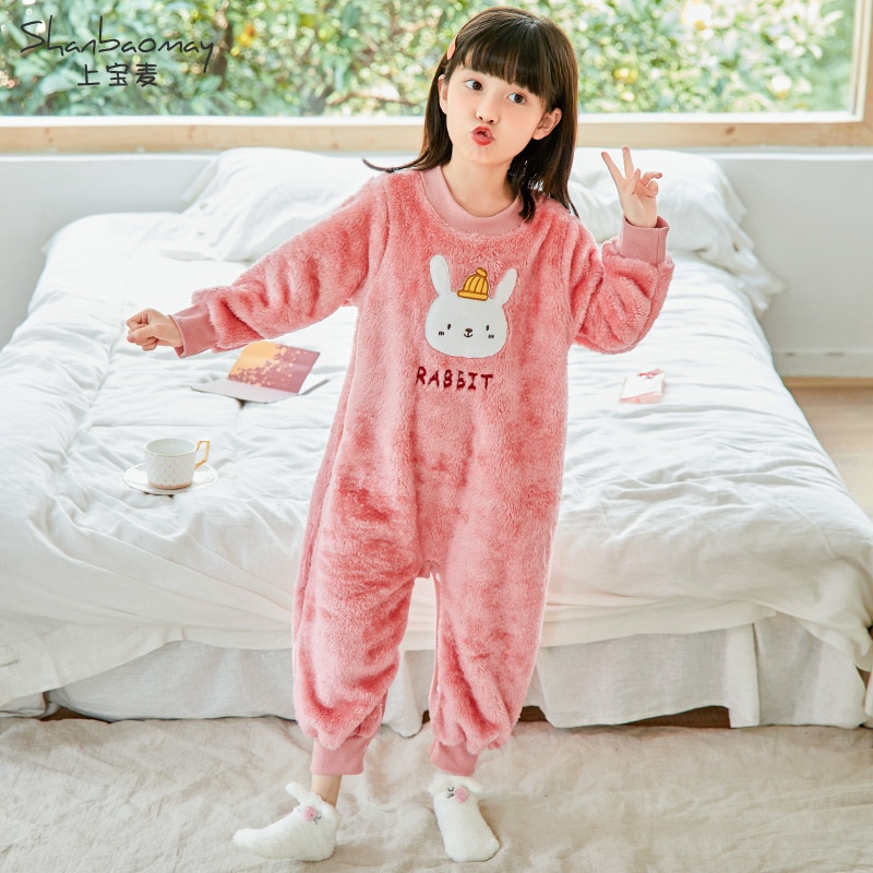 上宝麦秋冬儿童连体睡衣法兰绒女童睡衣家居服珊瑚绒加厚保暖长毛