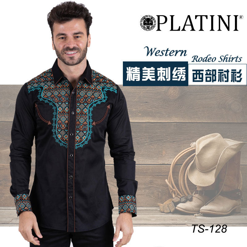 进口西部骑士衬衣春夏款棉质刺绣休闲衬衫骑马牛仔衬衣