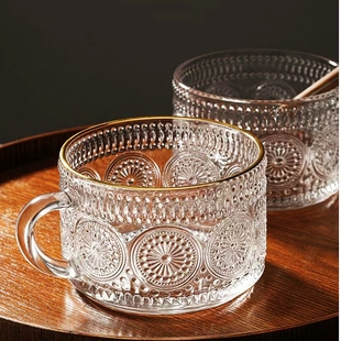 大容量高颜值杯 金边玻璃杯太阳花早餐杯加厚牛奶饮品燕麦杯子欧式