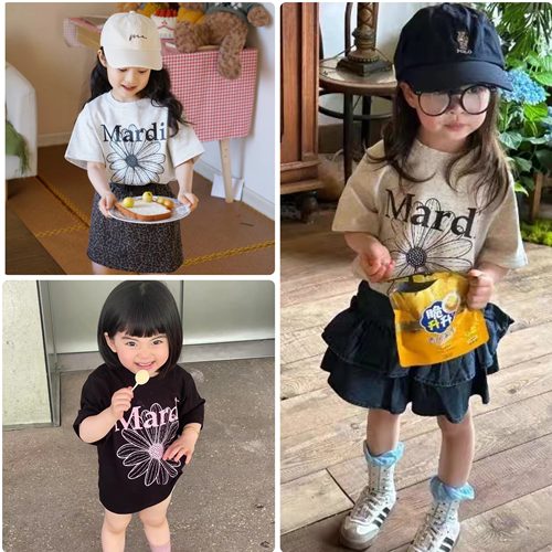 韩国潮牌mardi短袖t恤童装小雏菊印花纯棉短袖宽松男女儿童亲子装
