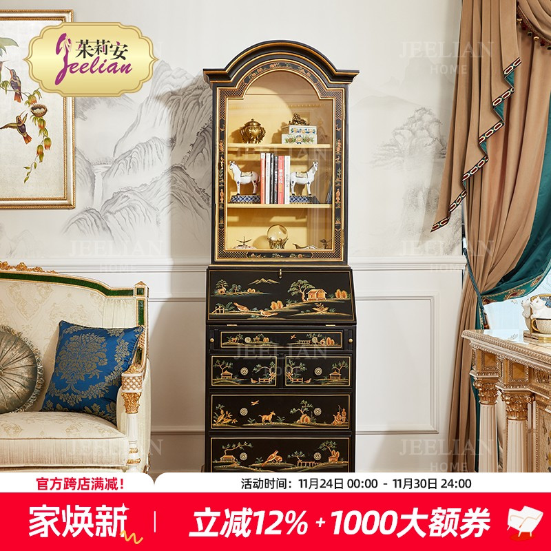 茱莉安欧式法式复古古典黑色手绘桦木实木玻璃带灯单门酒柜展示柜