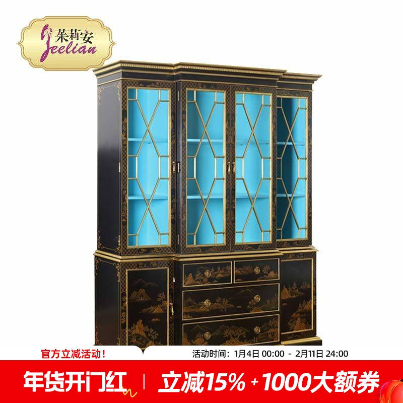 茱莉安法式中国风实木艺术手绘风景描金书柜新古典别墅客厅酒柜