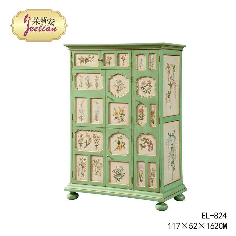 【春天收纳柜】法式彩绘花卉展示柜别墅客厅装饰绿色收纳储物柜