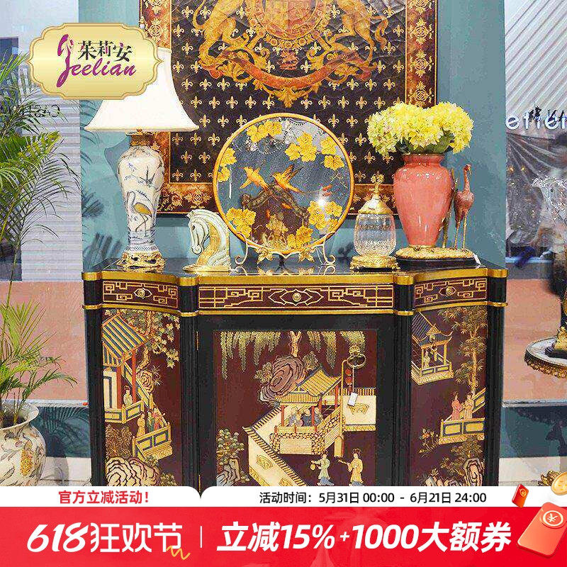 茱莉安欧法式奢华客厅实木家具玄关柜贴金箔黑红色手绘风景储物柜